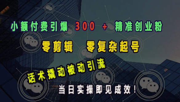 小额付费引爆 300 + 精准创业粉，零剪辑、零复杂起号，话术撬动被动引流，当日实操即见成效-蜗牛项目网